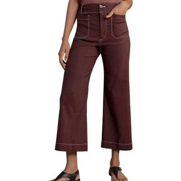 Maeve Colette Pants 32 Tall Brown Cotton/Linen Wide Leg High Rise Pockets Crop - Picture 1 of 10